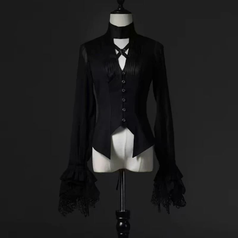 

Japane Victorian Lolita Blouses Women Harajuku Y2k V-Neck Irregular Lace Long Sleeve Shirts Punk Style Slim Bandage Tops Blusas