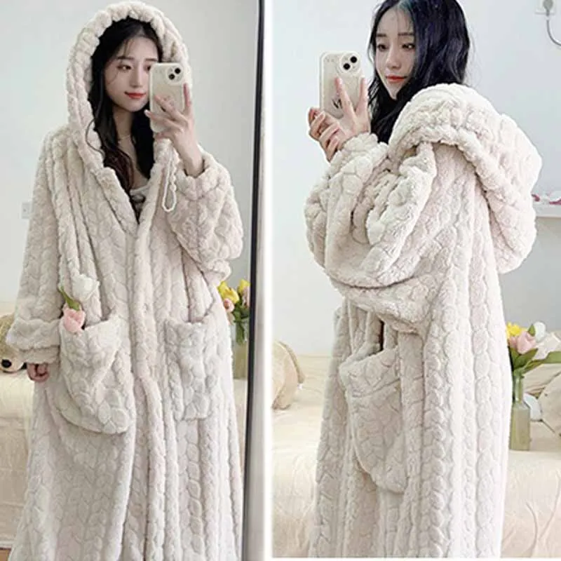 Winter Newest Hooded Thick Robe Sweet Cute Coral Fleece Kimono Gown Women Soft Bathrobe Sleepwear Casual Comfy Negligee