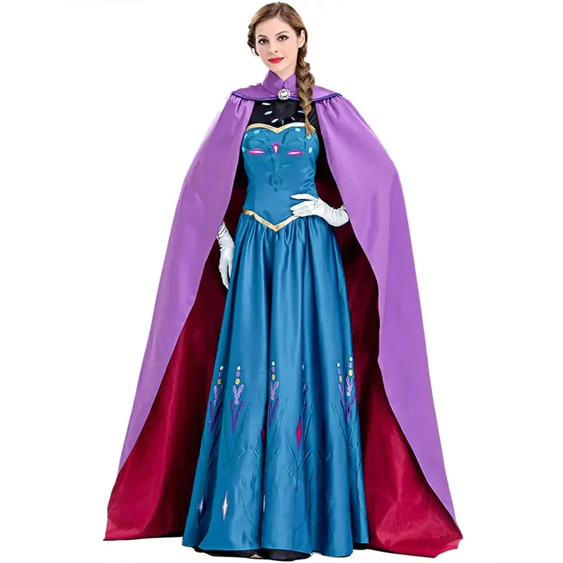 Frozen Anna Princess Long Dress with Clocak Adults Snow Queen Elsa Cosplay Costume Party Dresses for Women Halloween Fancy Dress