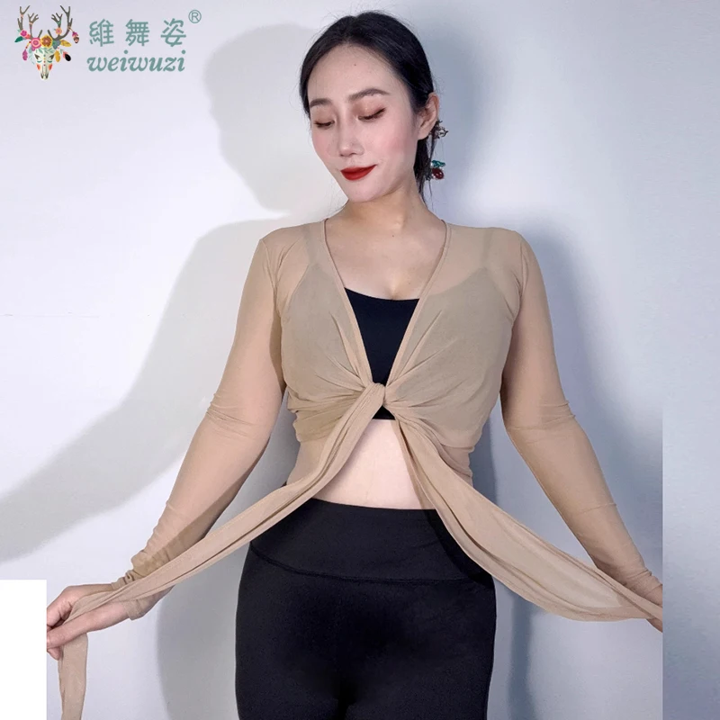 ชุดเต้นระบำหน้าท้องคอวีแขนยาวเสื้อตาข่ายนุ่มสบายเสื้อแฟชั่นสตรีเสื้อผ้าฝึกซ้อมเต้นฟลาเมงโก