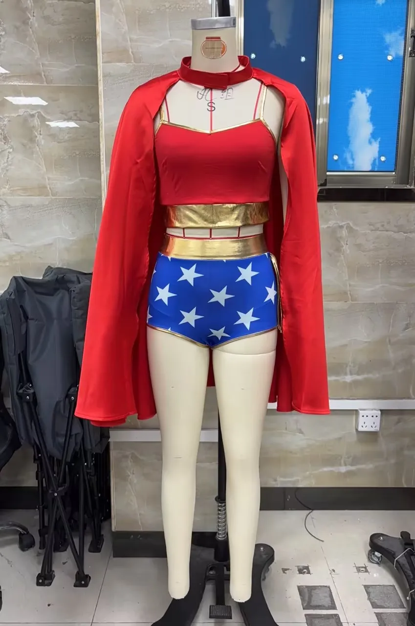 3Pcs Women Hero Costumes, Gold Trim Spaghetti Strap Tops Star Mini Shorts and Red Cloak Set of 3 for Halloween Cosplay Party New - view 4