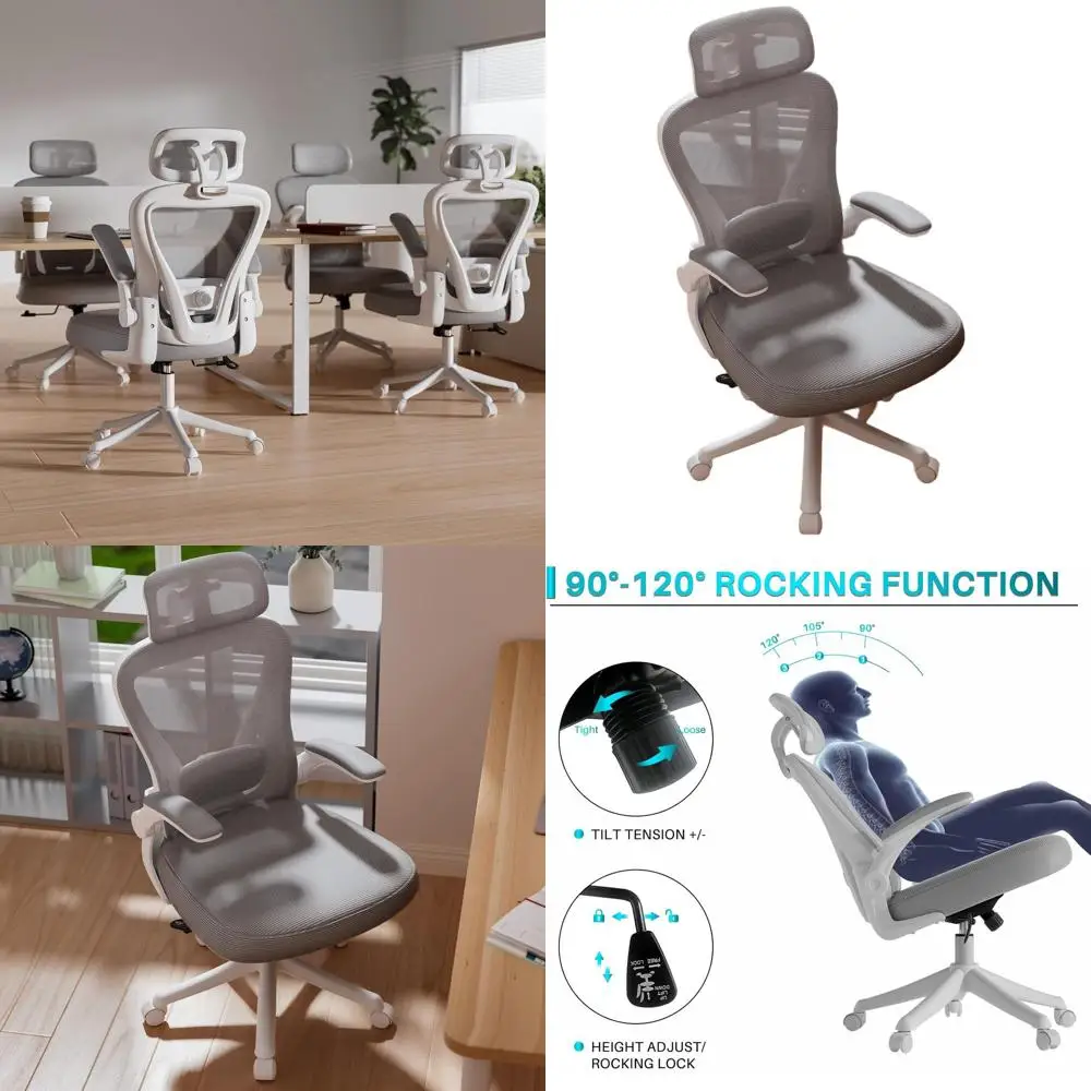 

Adjustable Mesh Ergonomic Chair with Lumbar Support, Headrest, Flip-Up Arms, White & Grey