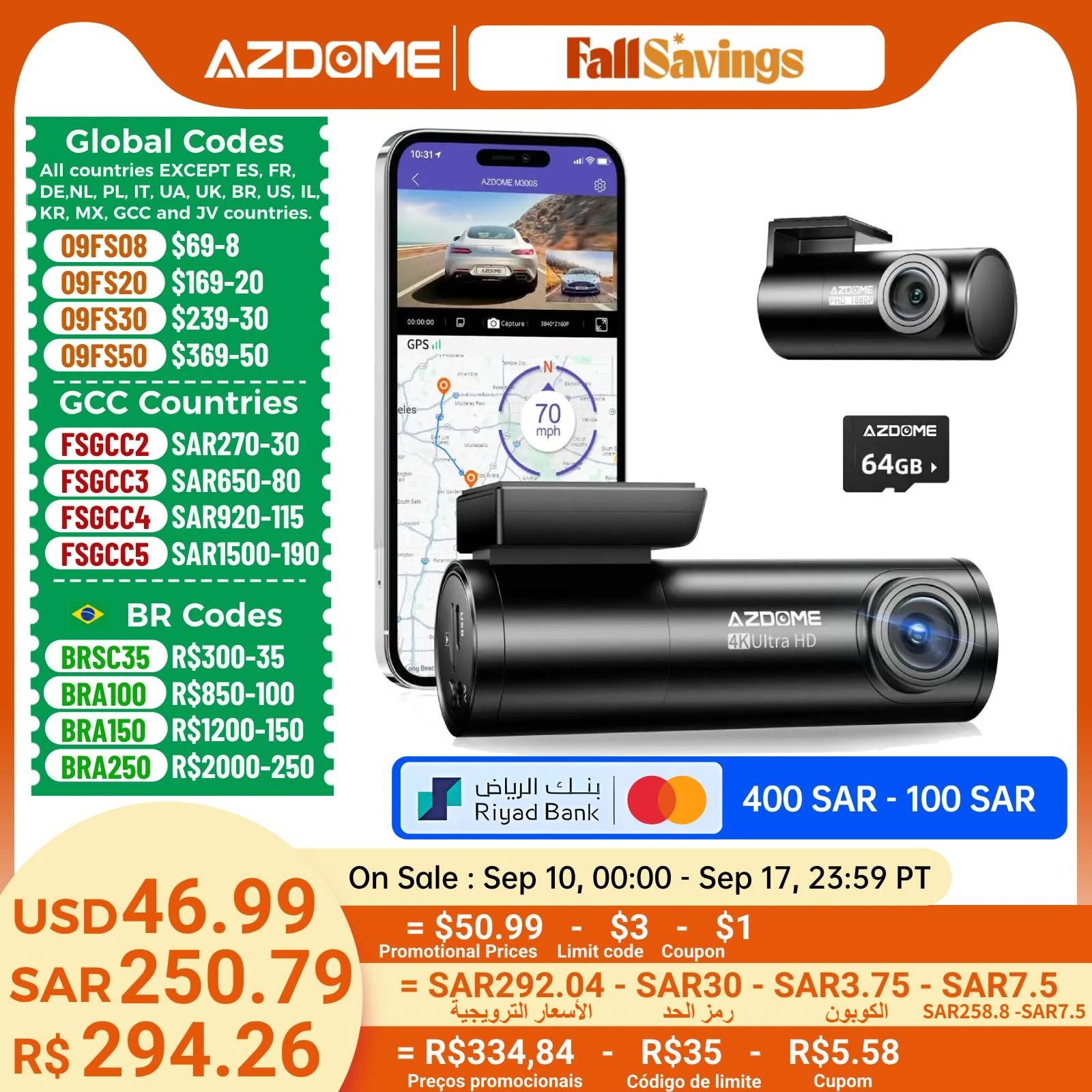 AZDOME M300S 4K Dash Cam Delantera y Trasera, Cámara de Tablero GPS WiFi 5.8G para Coches, Tarjeta SD Gratuita de 64 GB, Control de Voz, Visión Nocturna WDR