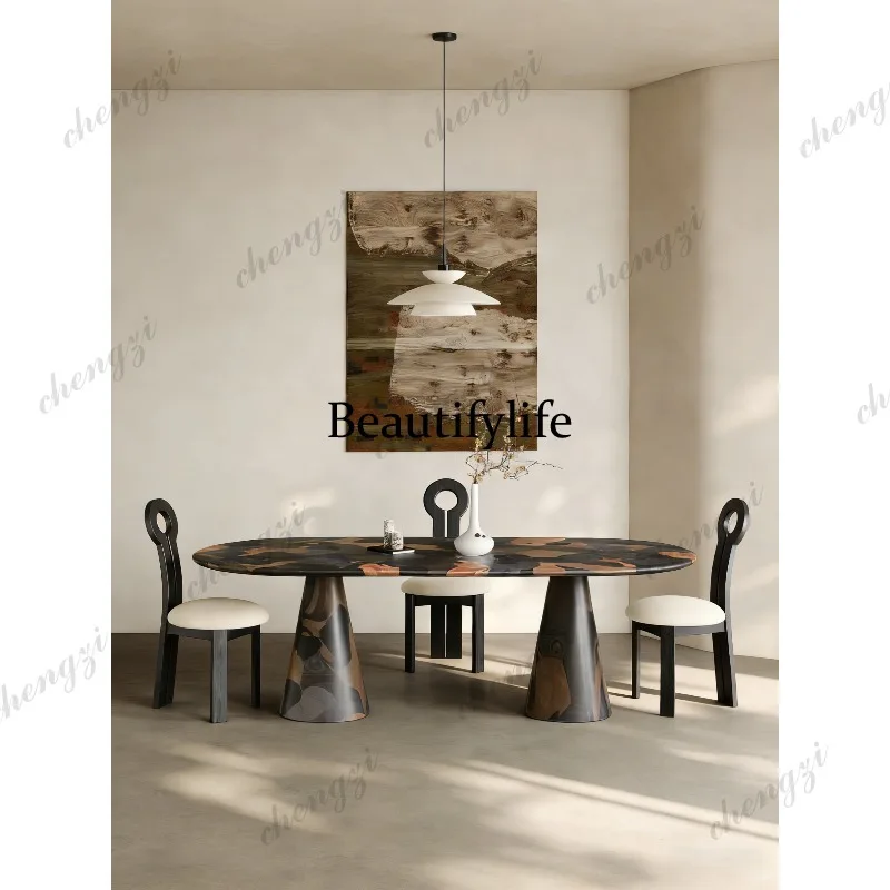 Hand-painted art modern designer design sense creative household oval dining table and chair combination