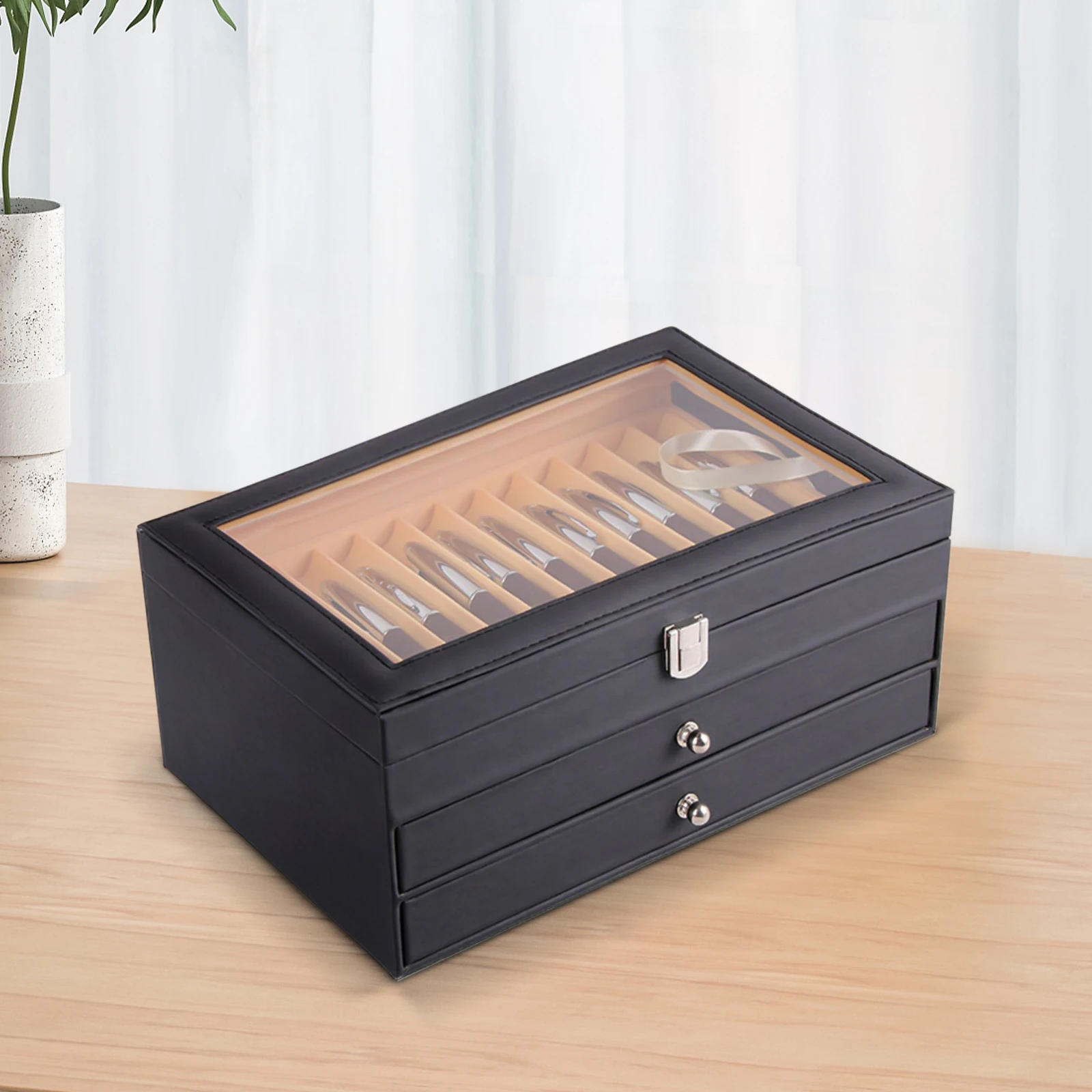 High-quality PU and Flannel Pen Storage Display Box Display Tray with Glass Sunroof 36 Grids High End Black Storage Box