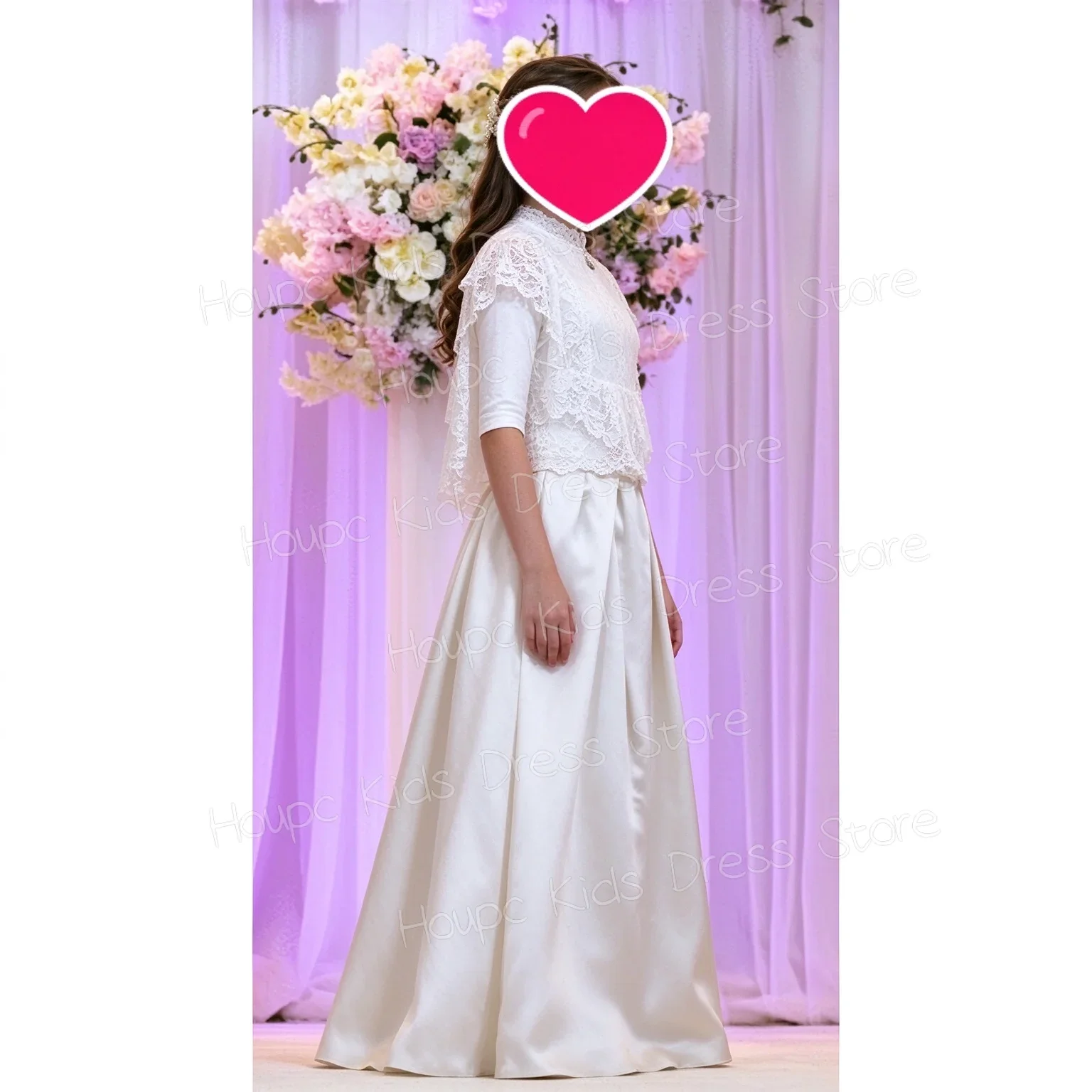 Custom Ivory Lace Floral Girl Dress for First Communion High Neck Wedding Capelet Sleeve Satin A-Line Gown Customizable Kids