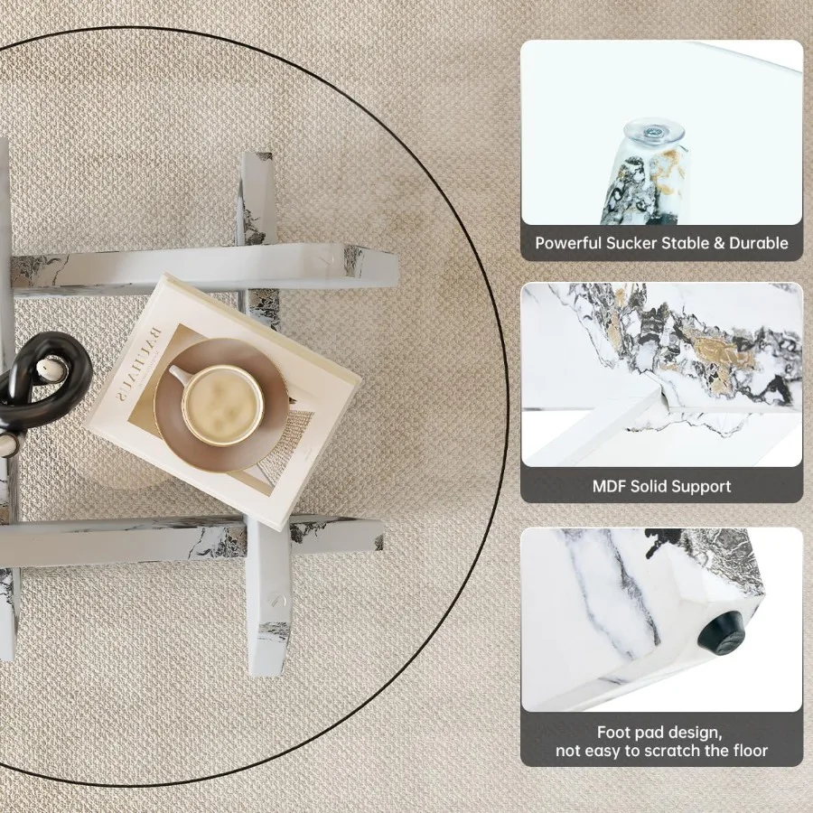 White Round Glass Coffee Table33Inch Small Modern for Living Room Clear Circle Accent Table Adapts to Farmhouse and Contemporar