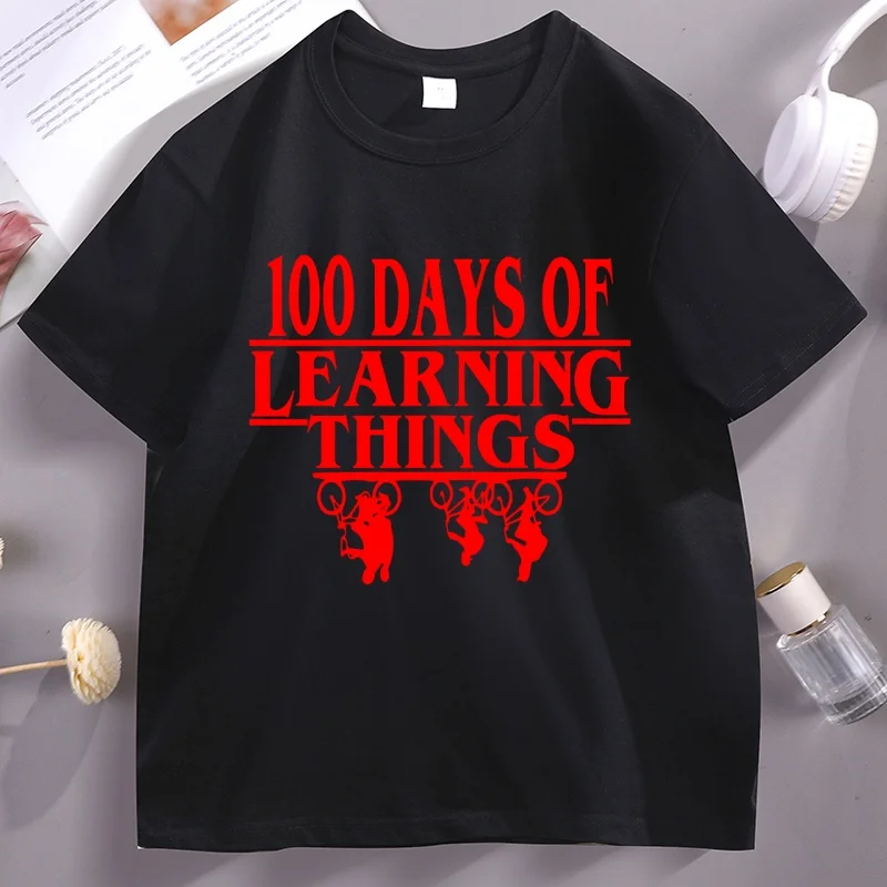 

100 Days of School T-Shirt Funny Teacher Tee Stranger Parody Kids School Crewneck T Shirt Student Celebration Gift Men Women