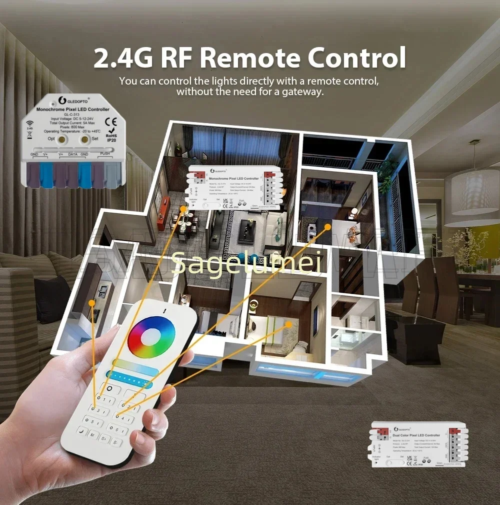 GLEDOPTOMonochrome Pixel LED Controller  2.4GRF Remote Control 800 IC 10A Max Quick Connect 7 Dynamic Modes IP20 Indoor Use​