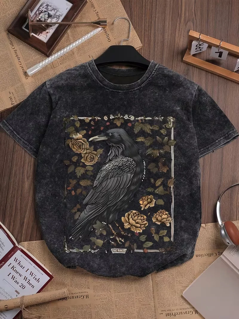 Vintage Gothic Raven Print T-Shirt Unisex Washed Black Rundhals Oversized Tee Y2K Streetwear Kurzarm für den Alltag – Detail 1