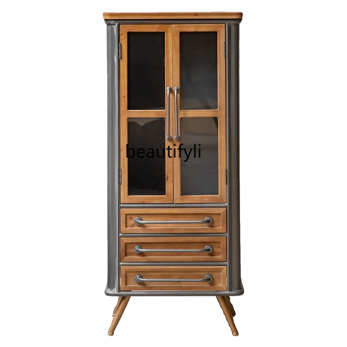 American retro wine cabinet black storage multi-layer living room retro chest glass door