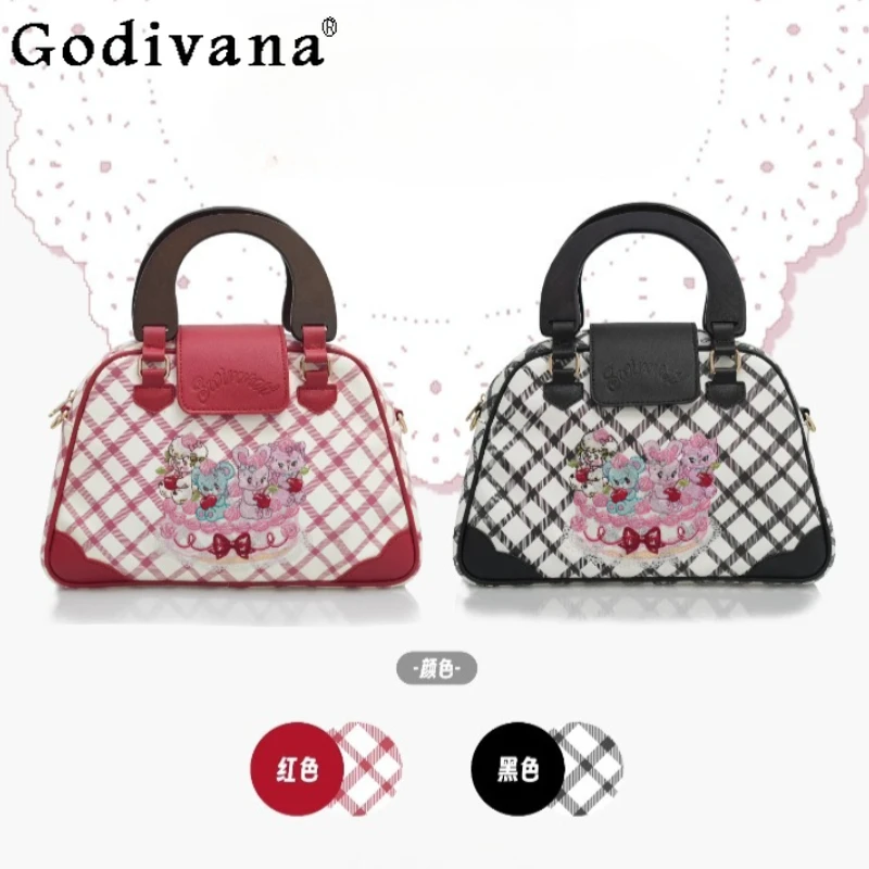 

Original New Cartoon Embroidered Handbag 2026 New Student Plaid Printing Wooden Handle Crossbody Bag Girl Women's Tote Bags