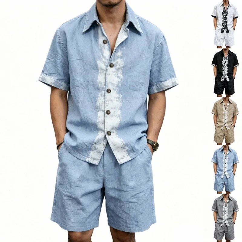 

Summer linen men's suit Amazon casual thin short-sleeved shirt + shorts two-piece men's