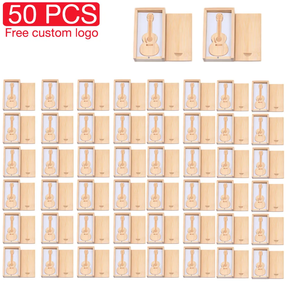 

JASTER 50 PCS LOT Guitar USB Flash Drive 128GB Bamboo Wedding Gift Pen Drive 64GB Wooden Box Free Custom Logo Memory Stick 32GB