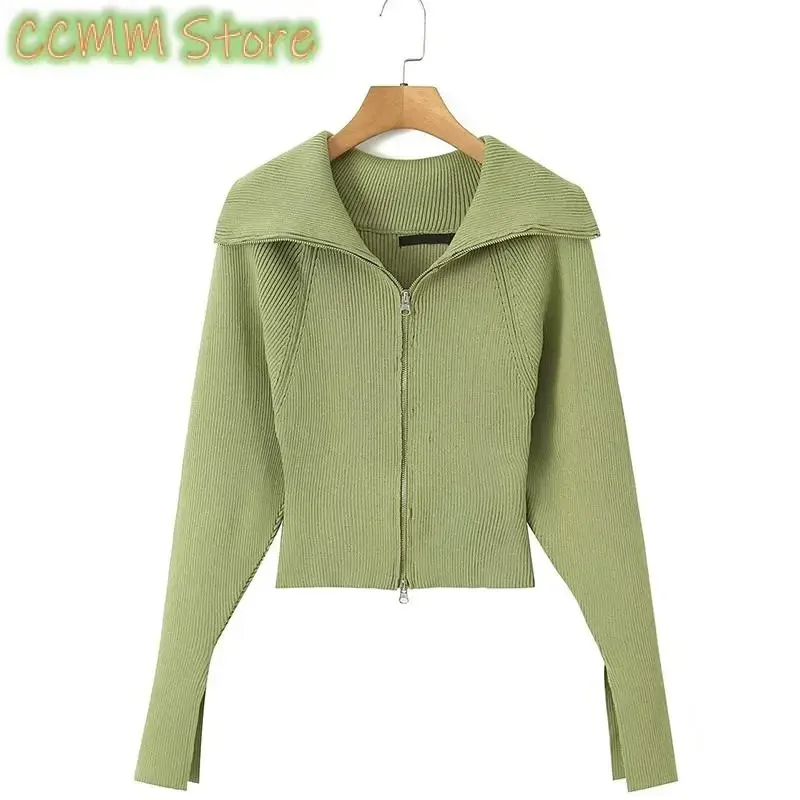 

New Zipper Open Stitch Knitted Sweater Simple Style Long Sleeve Fashion Turn-Down Collar Autumn Warm Streetwear Office Lady Tops