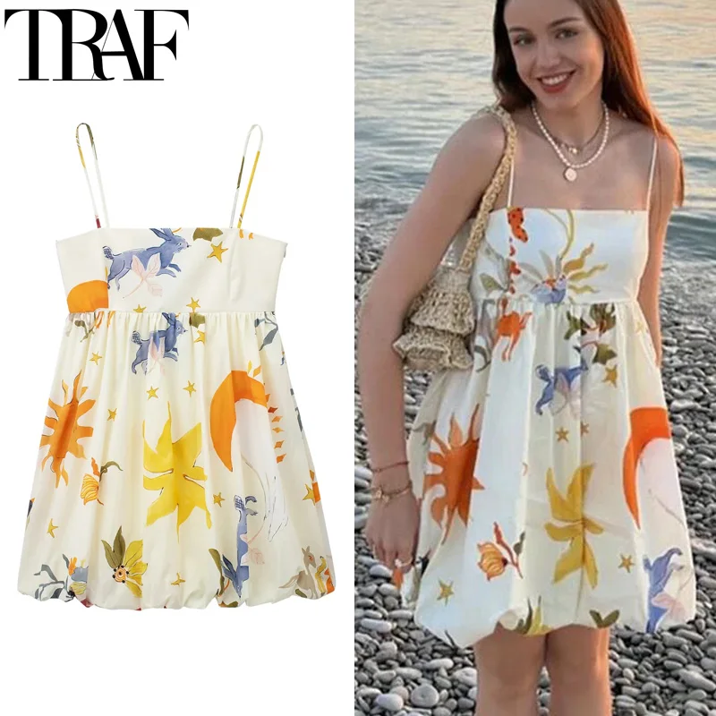 TRAF Print Slip Mini Dress Pleated Sleeveless Short Dresses For Women Summer Backless Holiday Dresses 2024 Sexy Beach Dress