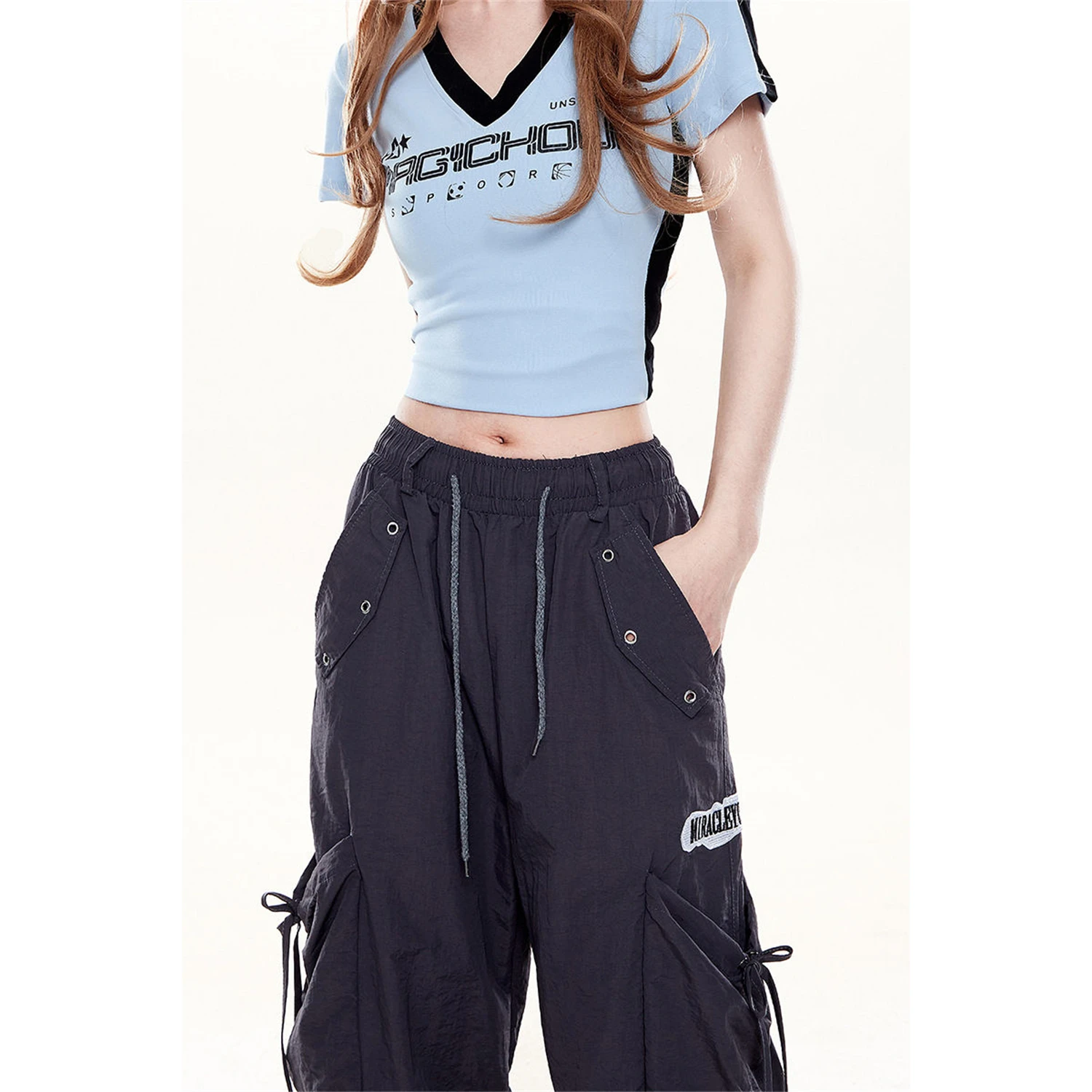 Women's Wide Leg Cargo Pants Fashion Star Gingham Patch Multiple Pockets Drawstring High Waist Y2K Casual Streetwear Trousers