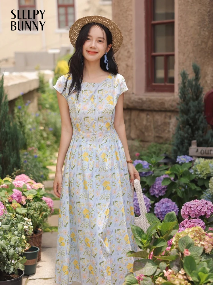 

Vintage Floral Maxi Dress Women Summer Watercolor Print Slimming A-Line Dress High Waist Cap Sleeve Boho Long Dress Elegant Look