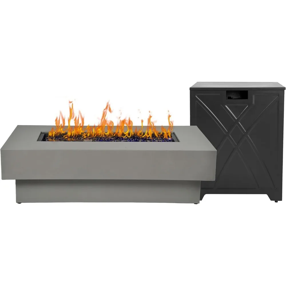 

48-inch Fire Table with 20lb Propane Tank Cover, 50,000BTU Outdoor Modern Patio Fire Pit Table w/Rectangular Burner Lid, Glass R