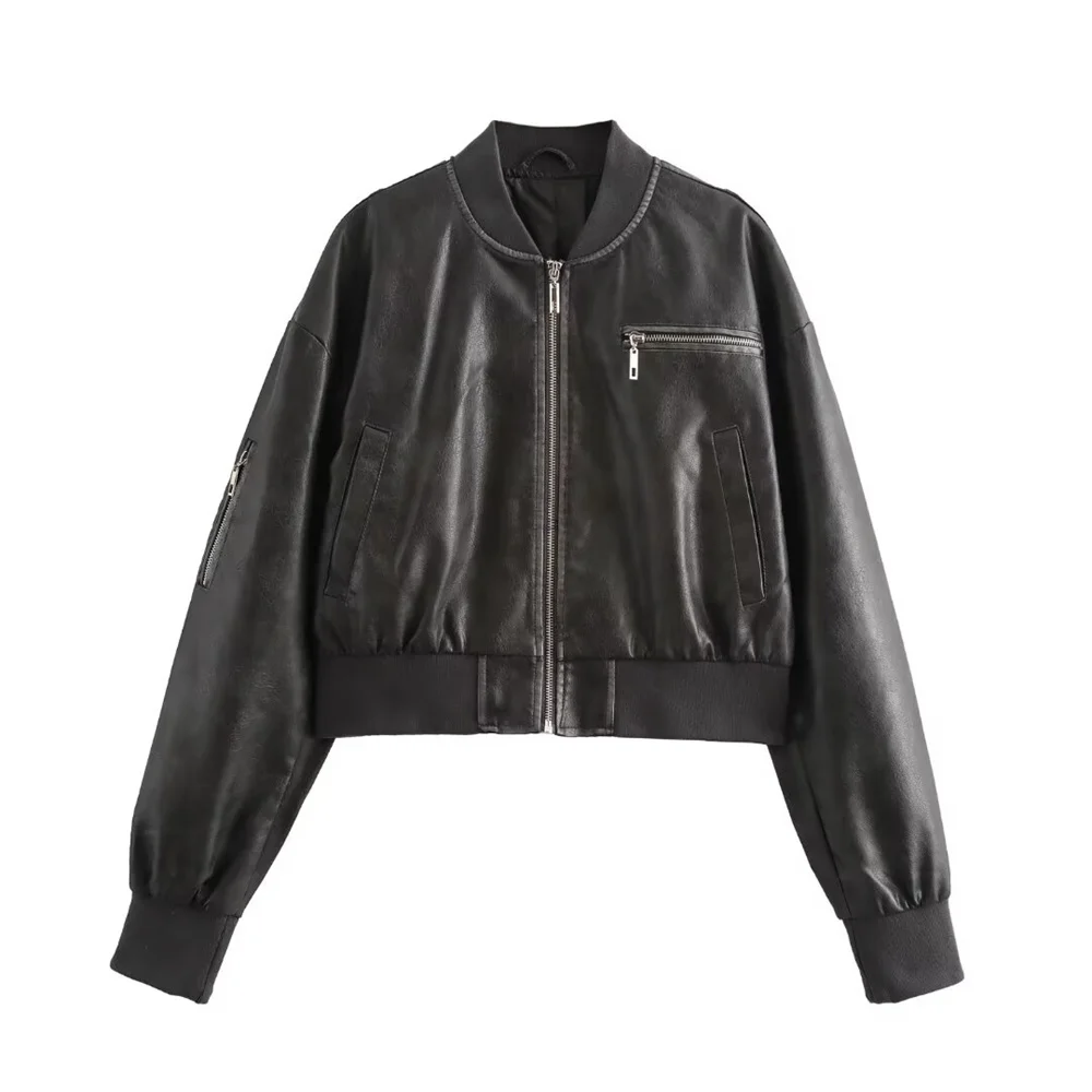 UNIZERA 2024 Autumn New Product Casual Women\'s Fashion Simple Motorcycle Style Versatile Threaded Leather Jacket