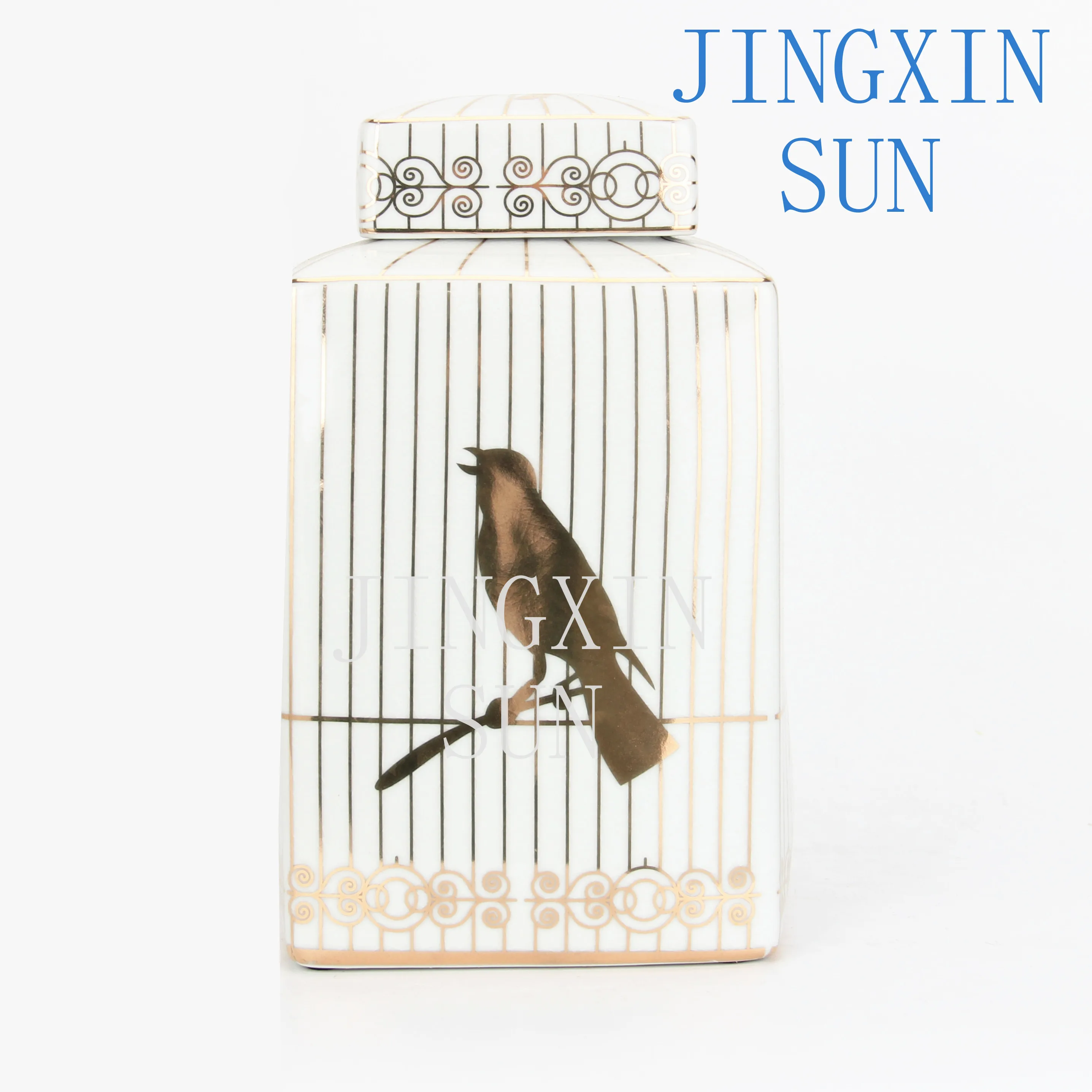 J047 home accessories ceramic square jar sets gold bird jar lid design wholesales custom jar container