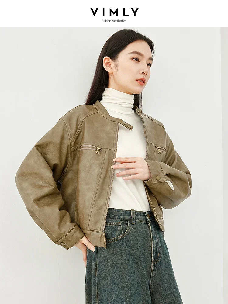 VIMLY Women's Black Quilted Leather Jackets Winter 2025 Warm Motorcoat Style Round Collar Zip Up Ladies Short Outerwear M5320