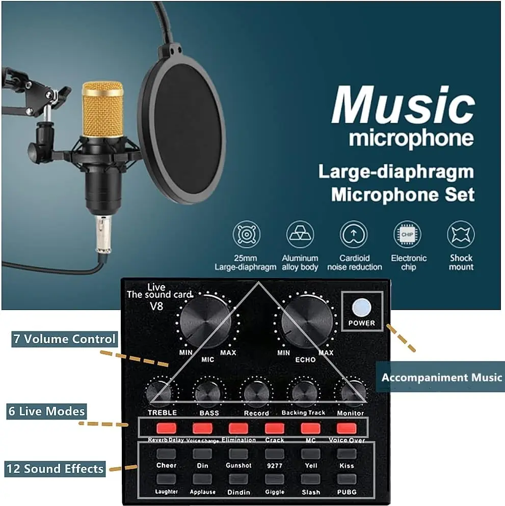 Podcast Equipment Bundle BM-800 Recording Studio Package with Voice Changer Live Sound Card-Audio Interface for Laptop Computer