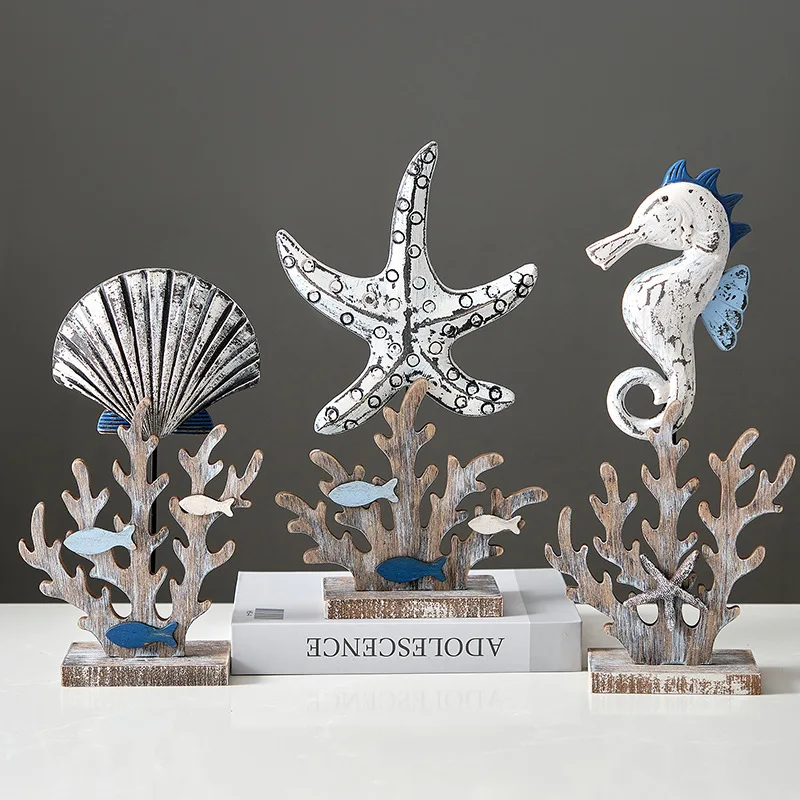 Marine Animal Handicrafts, Wooden Fish, Coral Statues, Shell Miniature Decorations, Living Room and Bedroom Decorations