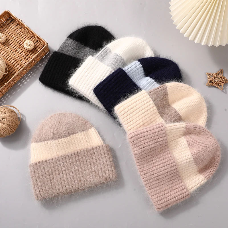 CNTANG New Winter Beanies Two-color Angora Rabbit Fur Hat For Women Warm Knitted Fashion Female Hats High Quality Luxury Cap