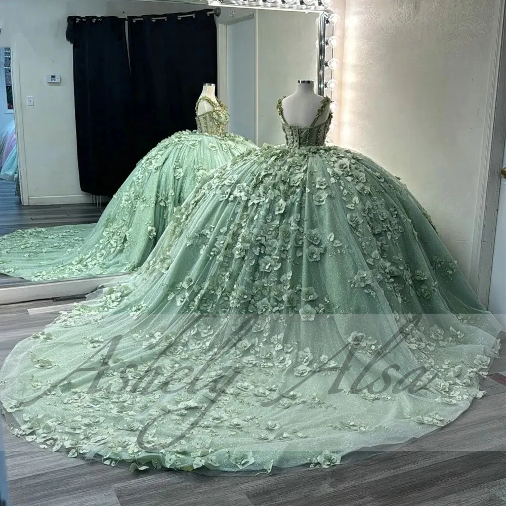 Customized Mint Green Mexican Swee 15 Year Girl Quinceanera Dress 3D Flower Lace Up Ball Gown Women Prom Birthday Party Dress 16