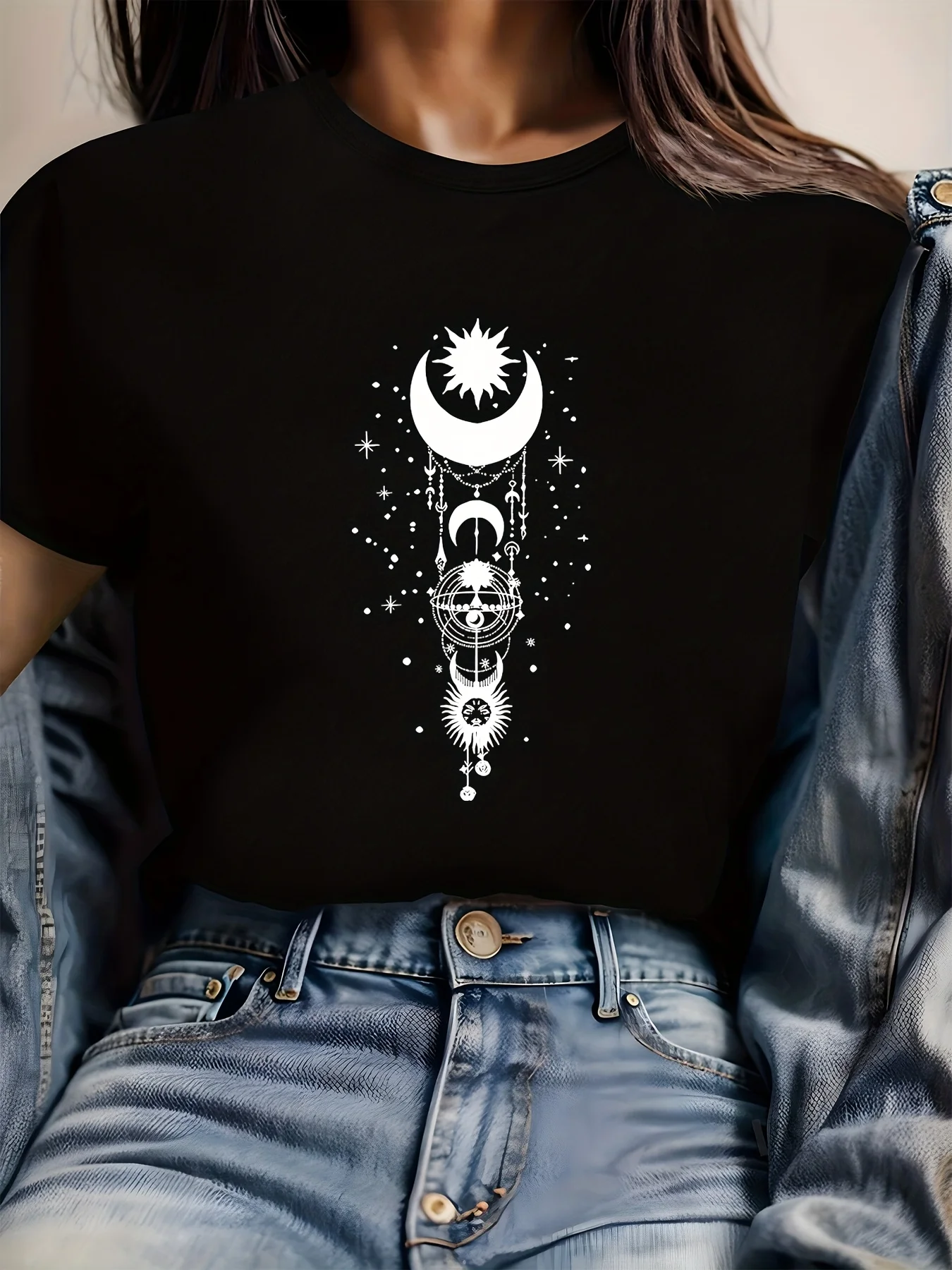 

Women's Sun Moon Stars Celestial Print T-Shirt Round Neck Short Sleeve Cotton Tee Retro Hip Hop Y2k Tshirt Summer Women Clothing