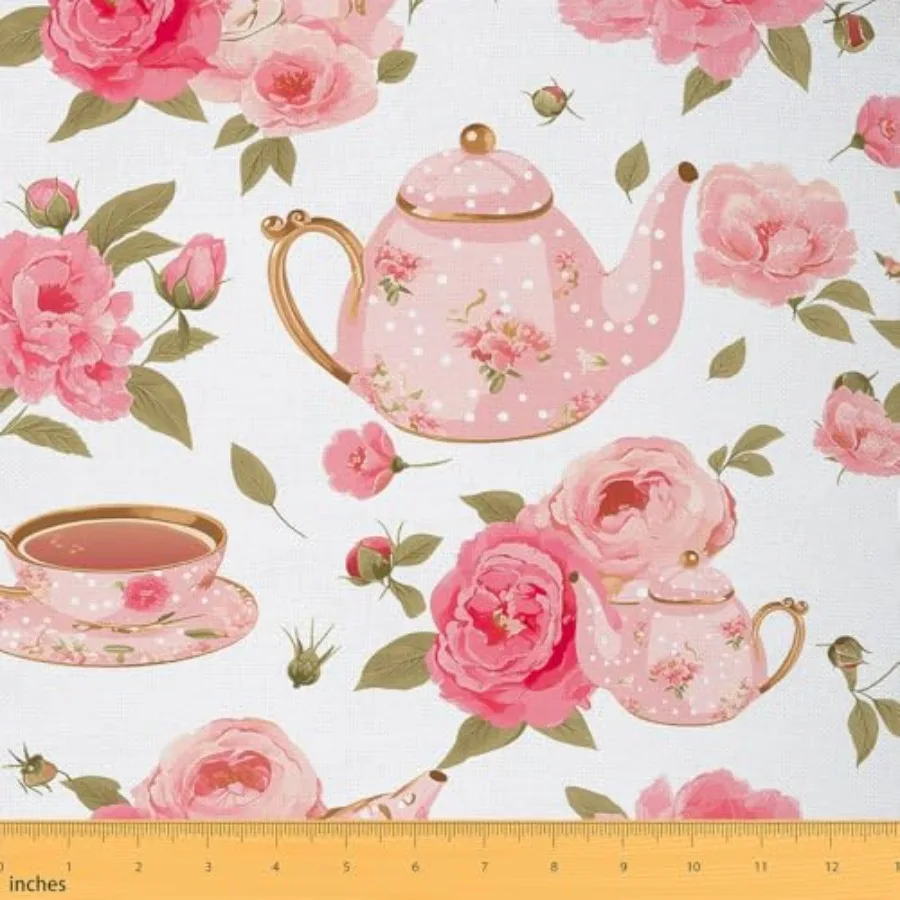

Floral Fabric by The Yard Romantic Rose Tea Cups Upholstery Fabric for Chairs Vintage Style Afternoon Tea Print Decorative Wate