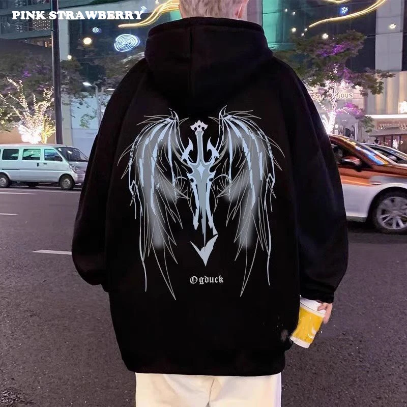 الأمريكية الرجعية الجناح طباعة هوديس الرجال الخريف الشتاء 2025 موضة جديدة الشارع الكنغر الحقيبة Y2K أفضل الرجال الدافئة البلوز طالب #5