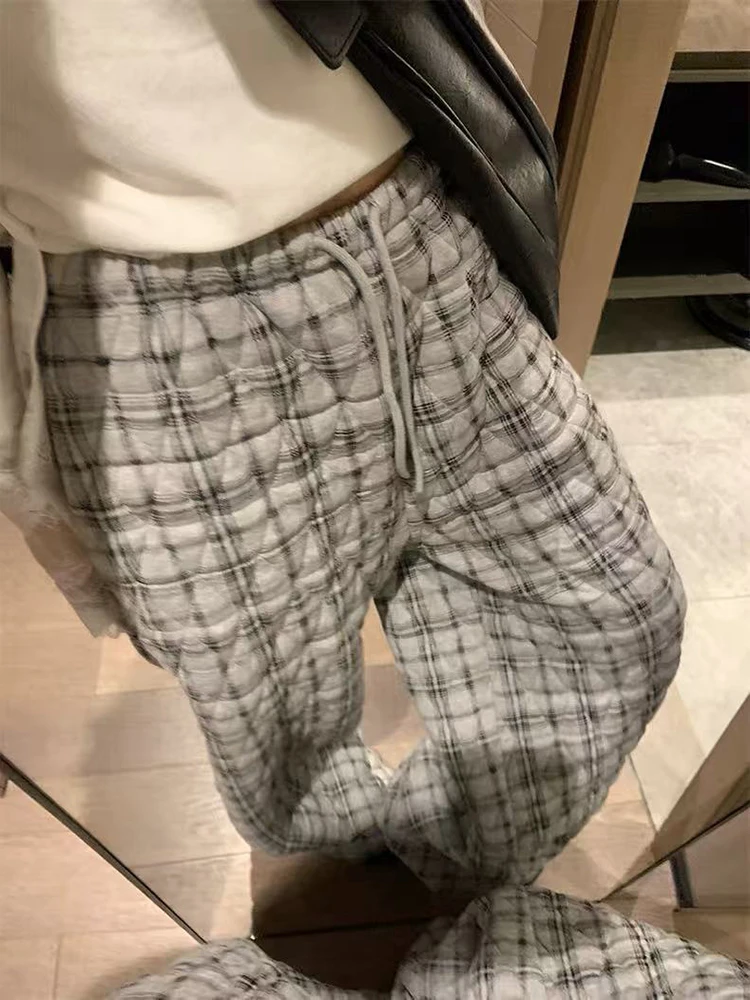 Vintage Plaid Wide Leg Pants Women Y2K Winter Thick Loose Drawstring Argyle Jogging Korean High Waist Streetwear Casual Trousers