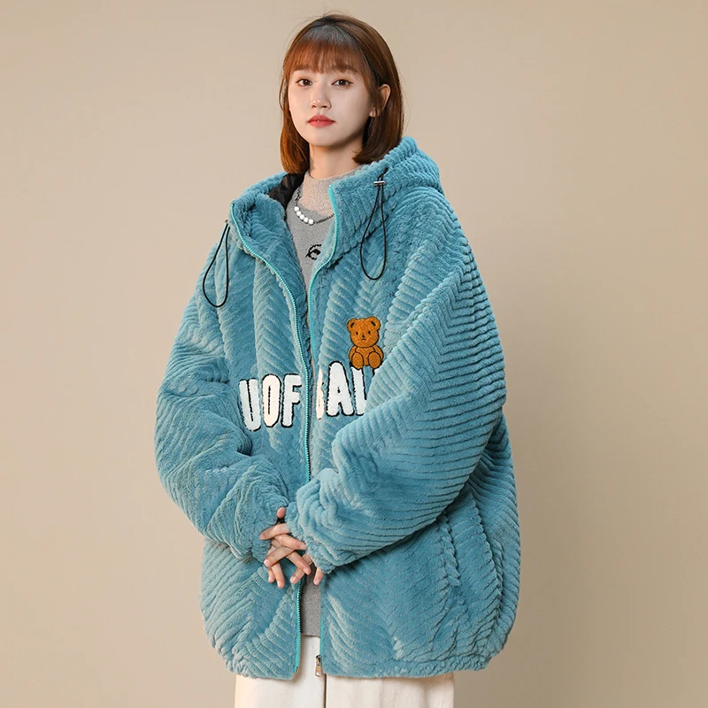 Lamb Wool Cotton Coat Female New Design Sense Niche Winter Bear Hooded Cotton Coat