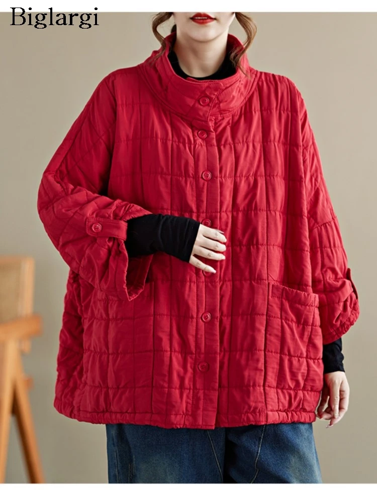 

Oversized Autumn Winter Padded Cotton Plaid Coat Women Loose Korean Fashion Ladies Jackets Casual Long Sleeve Woman Coats