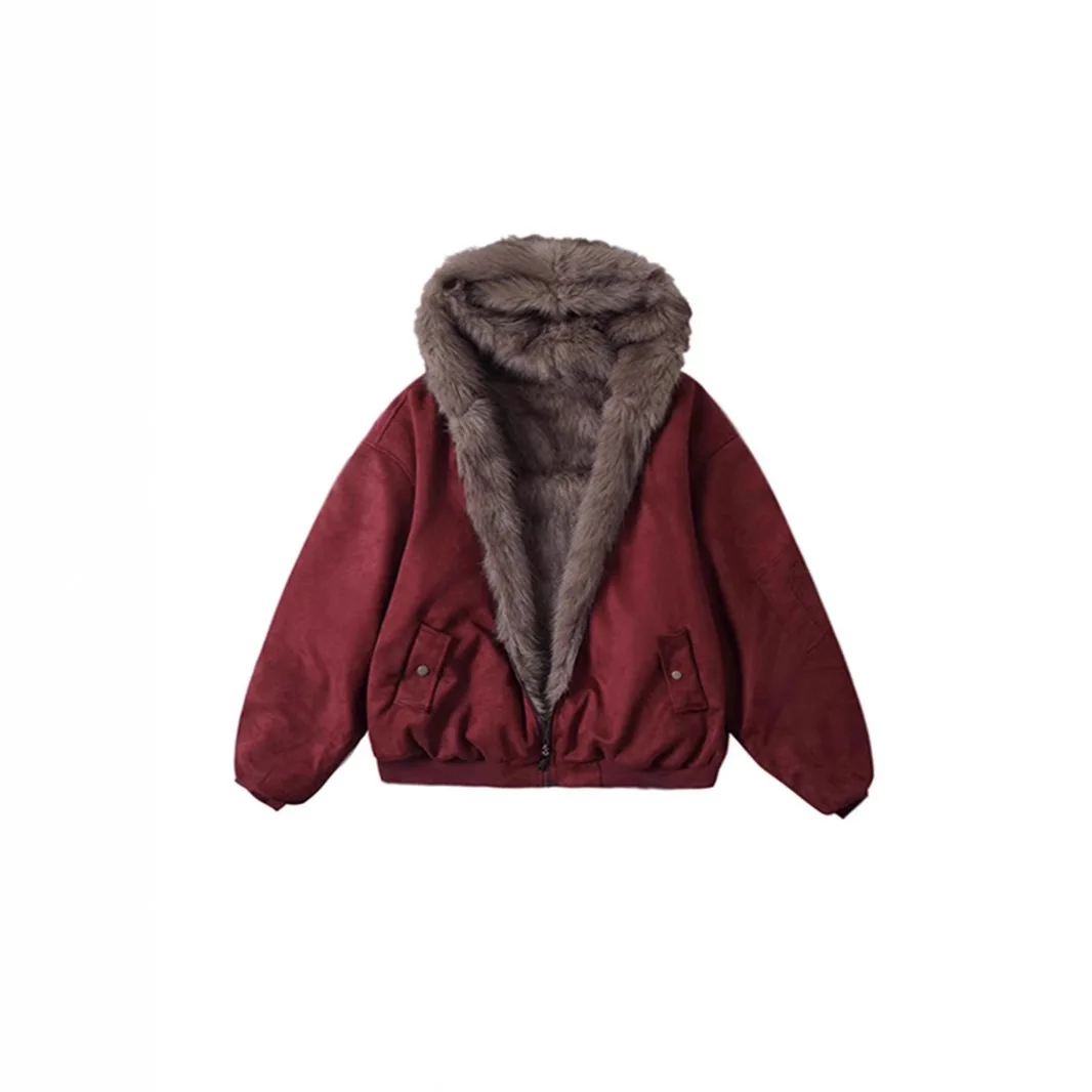 

Winter New Fashion Plush Double Sided Women Hooded Coat Thickened Cold Proof Female Casual Loose Jacket