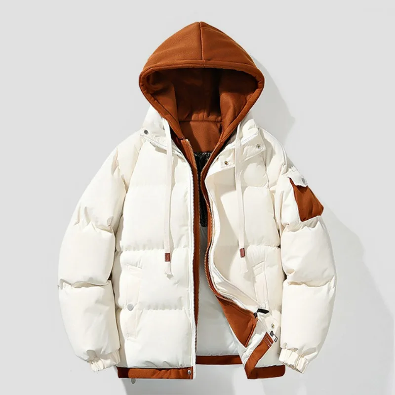 KIDWHXR Winter Men Cargo Jacket Contrast Color Patchwork Male Hooded Parkas Coat Loose Outdoor Casual Man Fake Two-piece Coat