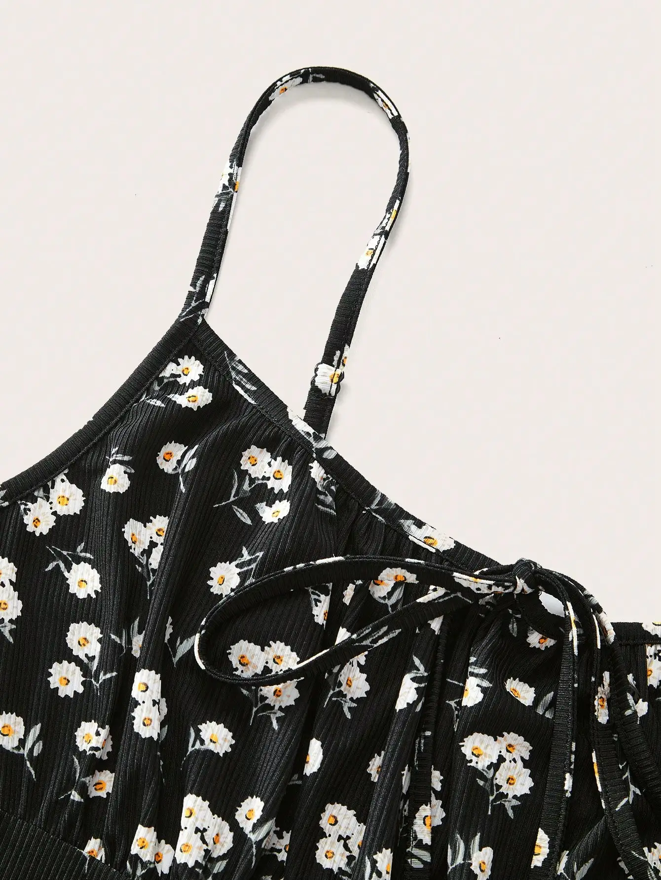 Damen Blumen-Spaghetti-Träger-Minikleid mit Vorderverschluss, hoher Taille, A-Linie, Sommer-Freizeitkleid – Detail 12