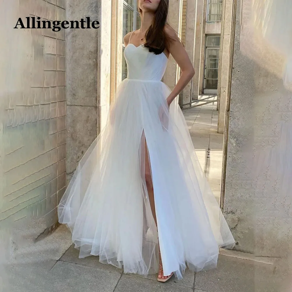 Allingentle Sweetheart Neck White Tulle Long Prom Dress for Party with High Slit Formal Evening Gowns A-Line плаття на випускний