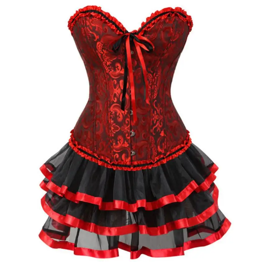 

Floral Lace Up Corsets And Bustiers Women Lingerie Overbust Corset And Skirt Set Tutu Plus Size Burlesque Sexy Corset Dress