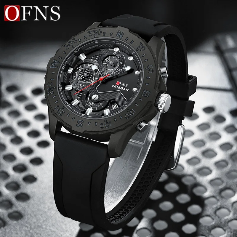 OFNS Top Brand Trend Men\'s Quartz Watch Business Men Watches Silicone Sports Waterproof Military Quartz Chronograph Wristwatch