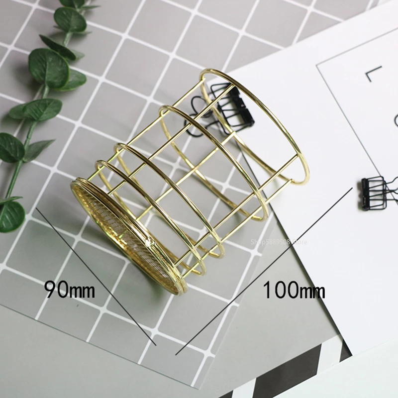 Ins Style Golden Wrought Iron Pen Holder Desktop Storage Jar Brush Cosmetic Storage Box Household Simple Storage Basket