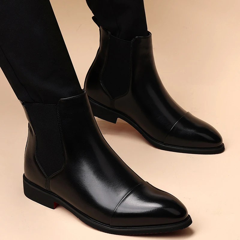 Botas Chelsea informales para hombre, zapatos de cuero natural sin cordones, botas de vaquero para primavera y otoño, botas negras elegantes hasta el tobillo para hombre