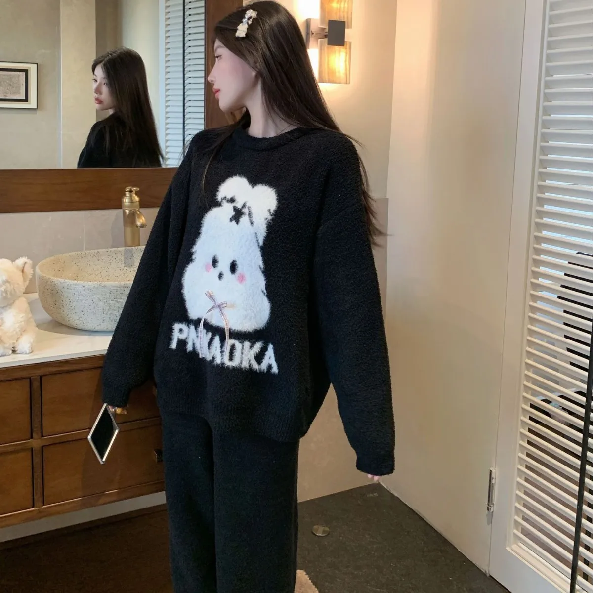 Women 2026 New Autumn Winter Half Sided Fleece Pajama Set Thick Warm Fuzzy Casual Soft Loungewear Home Sleepwear Suit for Ladies