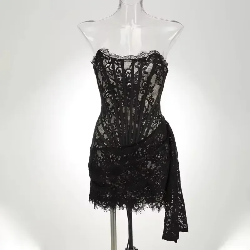 Pop Women's Sexy Lace Dress Solid Color Sheer Patchwork High Waist Lace Dress Elegant Printed Strapless Slim Evening Dress