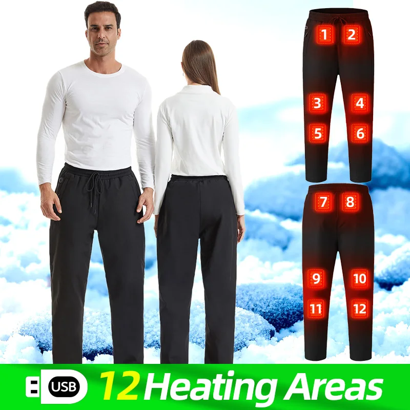 

12 Areas Smart Heated Pants Men Women USB Rechargeable Electric Heating Pants Fleece Heated Snow Pants Warming Heating Trousers