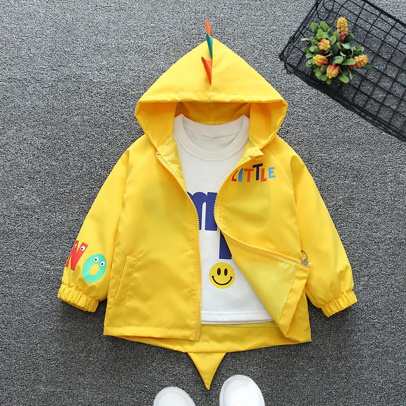 Baby Boys Jacket Spring Autumn Little Dinosaur Children's Windbreaker Hooded Zipper Boys Outerwear 1-6 Years old Kids Clothes