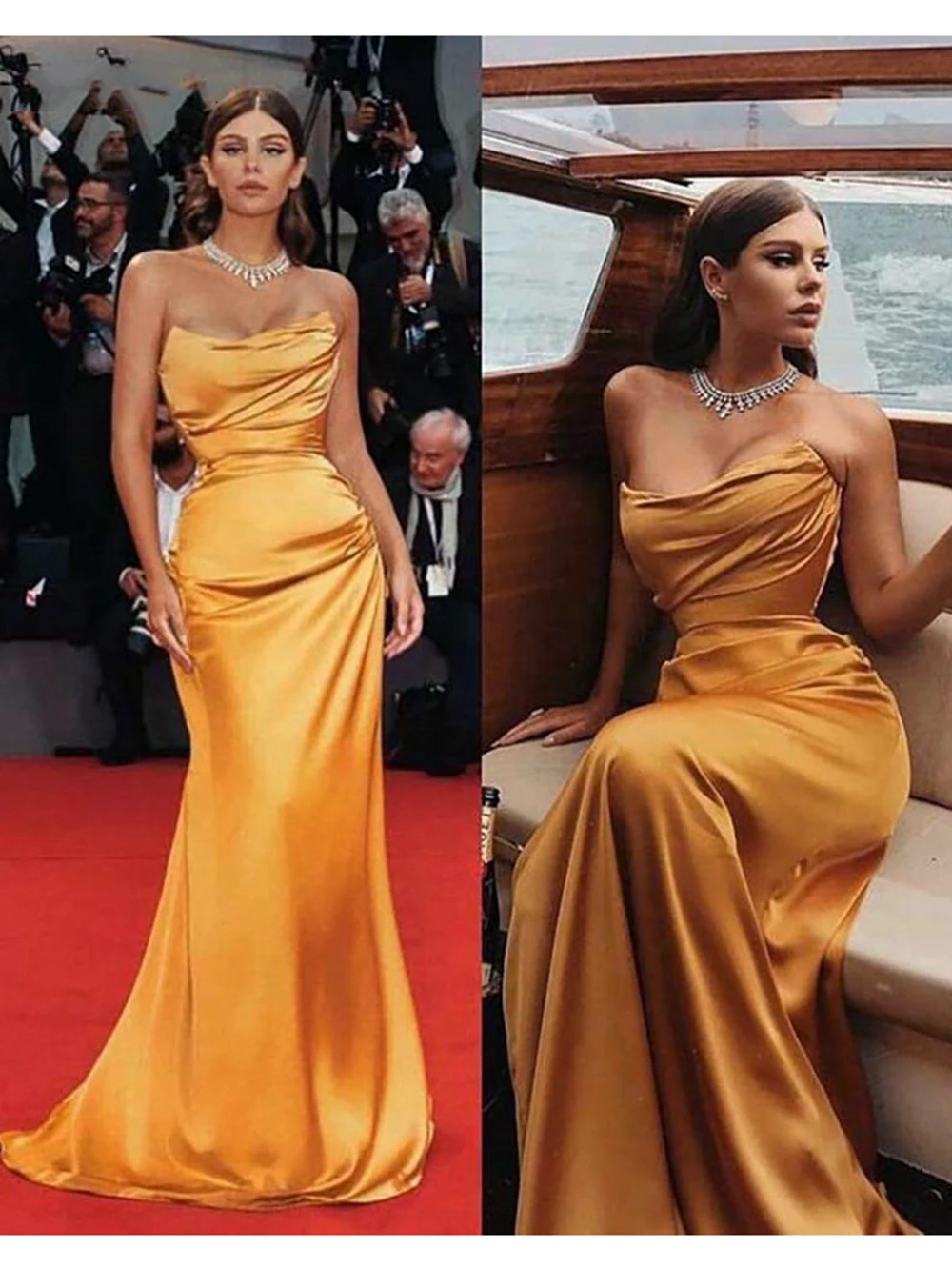 Vestidos de Noche formales de sirena naranja, vestido de fiesta largo de satén sencillo con pliegues sin tirantes para mujer, hecho a medida, 2023