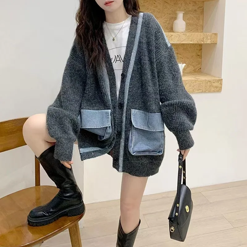 Womem Knitted Cardigan Coats Sweaters Full Sleeve V Neck Casual Loose Elegant Splice Denim Open Stitch Autumn Winter 2024